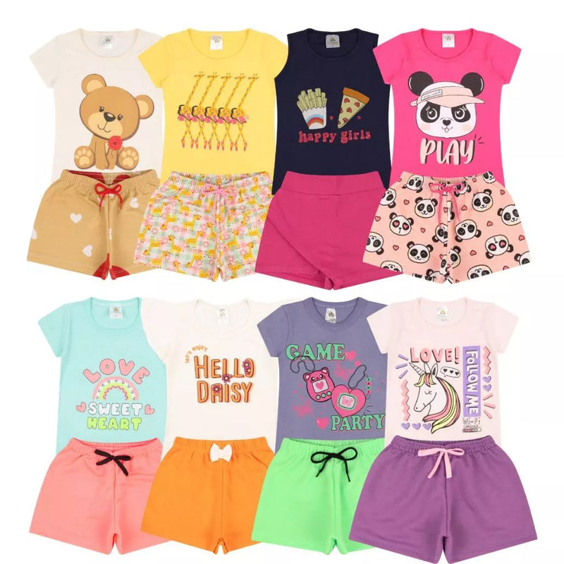 Kit Sortido 3 Conjuntos para Meninas - Camisetas + Shorts