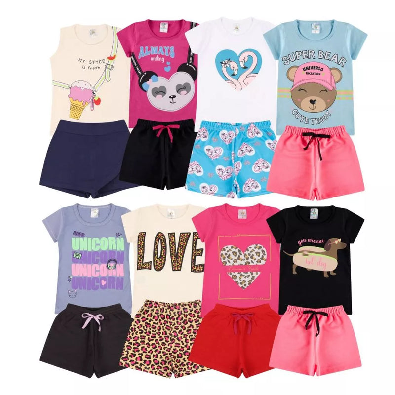 Kit Sortido 3 Conjuntos para Meninas - Camisetas + Shorts