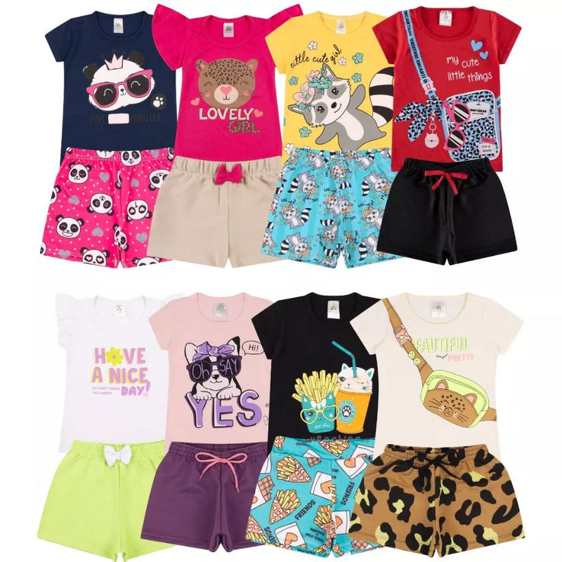 Kit Sortido 3 Conjuntos para Meninas - Camisetas + Shorts